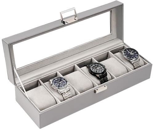 ProCase Uhrenbox mit 6 Fächern, Uhrenkasten mit Glasdeckel, Uhrenkoffer mit Uhrenkissen, Uhrenaufbewahrung, Premium-Uhrenschatulle, PU-Leder Uhrenkasten, Watch Box für Herren - 6 Fächer, Grau