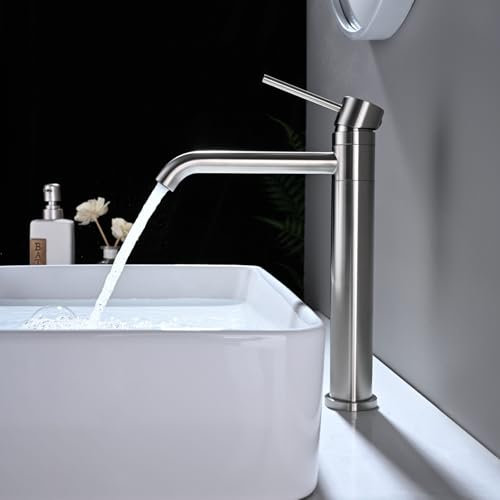 Rubinetto per Lavabo Alto Girevole a 360°, DETBOM Miscelatore per Lavabo Monocomando Acqua Calda e Fredda, Miscelatori per Bagno da Appoggio in Acciaio Inossidabile 304, Aeratore Rimovibile, Argento