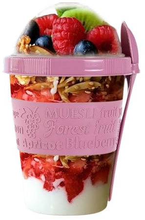 SAFRI 600ml Over Night Oats Container Reusable Yogurt Cups 100% BPA Free Breakfast On The Go Cereal Yogurt Pot with Lids and Spoon (Pink)