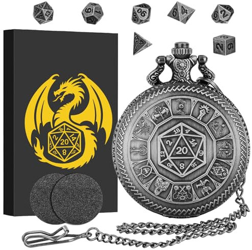 Mini DND Würfel Set, Taschenuhr Gehäuse mit Zahlenwürfel in der Mitte, 7-teilige Polyedrische Metall D&D Würfelset, Geschenke für DND mit Geschenkbox, Rollenspiel-Brettspielzubehör, Dunkles Silber