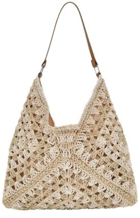 Générique Sac de Paille pour Femme Fille, Sac à Bandoulière en Paille Sac de Plage D'été Sac à Main Tissé Fourre-tout Sac E'épaule pour Vacances Voyages, Loisirs (Beige)