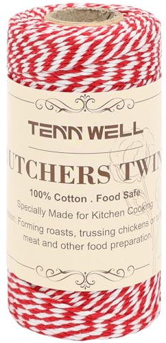 Tenn Well Red White Butchers String, 2mm x 100m Strong Kitchen Butchers Twine Food Safe Christmas String for Meat Trussing Sausage Tying, Chicken Roasting and Gift Wrapping