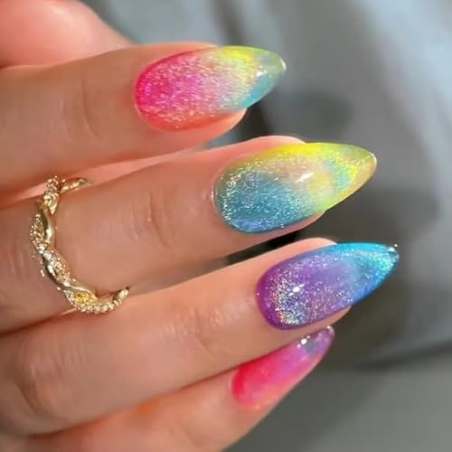 Ceboic 24 Stück French Press on Nails Mittle, Mandel Fingernägel zum Aufkleben Acryl Künstliche Nägel Regenbogen Katzenauge Falsche Nägel Vollabdeckung Kunstnägel Fake Nails für Frauen und Mädchen