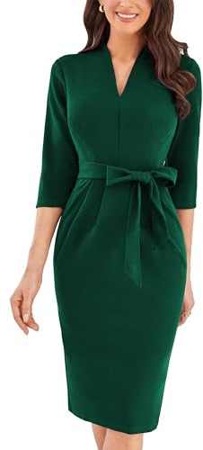 GRACE KARIN Women's Cocktail Dress 3/4 Sleeve Elegant Wedding Guest Bodycon Belted Dresses with Pockets Green L