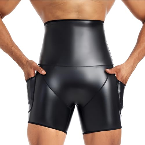 SEAUR Hombres de Cuero Corto PU Cuero Wetlook Vientre Deportes Ropa Interior Funcional Vientre Control Bolsas de Ropa Interior