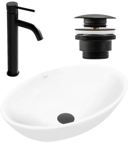 Rea Set Pamela weißer Aufsatzwaschbecken + Lungo schwarz matt Waschtischarmatur + schwarz matt Ablaufgarnitur, Ideal als Waschtisch oder Handwaschbecken für WC, Einzigartiges Design