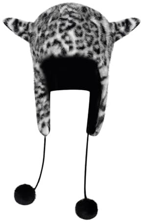 rtdgcv Kunstmütze mit Leopardenmuster, für den Winter, warme Ohren für Damen Herren, gemütliche Strickmütze mit Leopardenmuster Ohren für Winter Fellmütze Mit Ohren (Black, M)