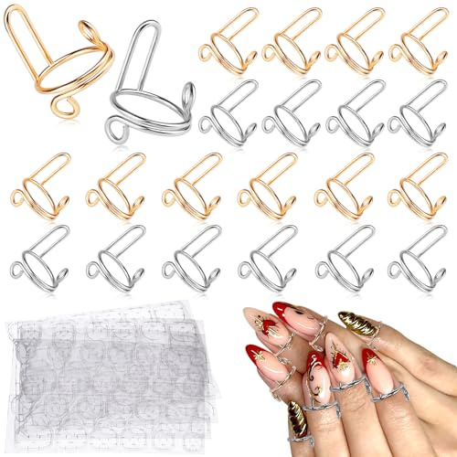 TOROKOM 20PCS Reusable Wudu Nail Rings with 96 Adhesive Tabs – Adjustable No-Glue Press-On Nail Ring Set, Metal Nail Covers for Acrylic Nails, Detachable Nail Art Accessories (Gold and Silver)