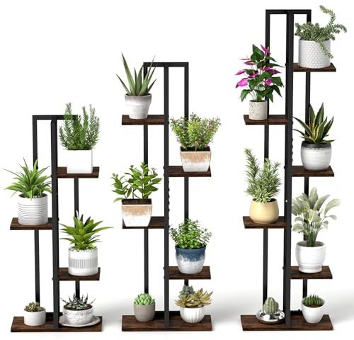 COSTWAY 3er Pflanzenständer Set, 4+5+6 Etagen Blumenständer aus Holz und Metall, Blumenregal Pflanzenregal Vintage, Blumentreppe Pflanzentreppe, für Indoor Outdoor Balkon Garten, Schwarz+Braun