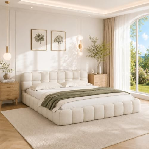 Fofetbfo Polsterbett 140x200, Doppelbett mit Bettkasten, Bubble Bett Jugendbett mit Lattenrost und Gepolstertes Kopfteil, Flachbett Gästebett, Leinen Beige,ohne Matratze (Beige, 140x200 cm)