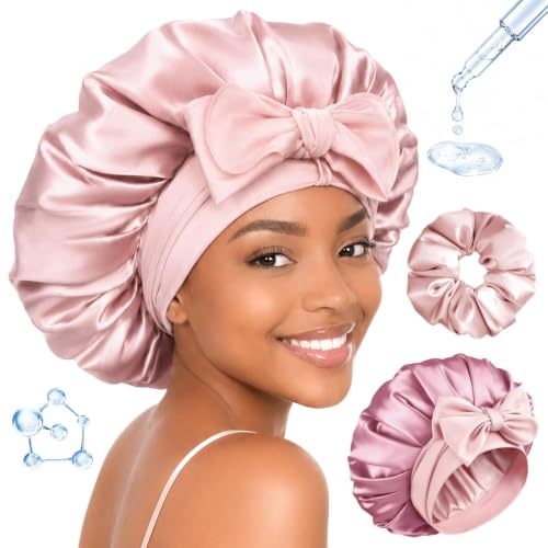 BONNET QUEEN Seidenhaube zum Schlafen Hyaluronsäure Bonnet mit Haarschutz für Nacht Doppellagige Schlafhaube Seide Satin Haarhaube Motorhaube für Damen mit Bindeband & Haargummi Creme Pink & Rose Gold