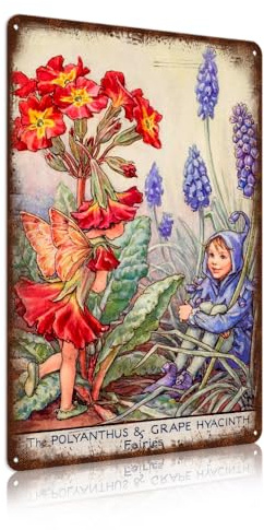 KWQDOZF Décoration murale en métal vintage représentant une fée des fleurs, accessoires de jardin féérique, polyanthus et jacinthe de raisin, 20 x 30 cm