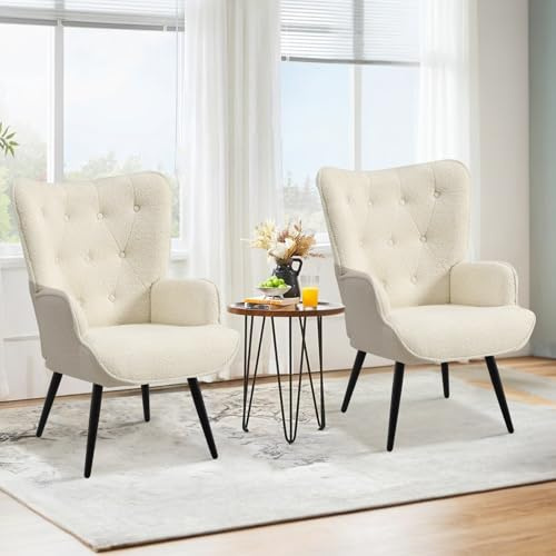 Ckaff Ohrensessel Sessel Wohnzimmer 2er Set, Skandinavischer Stil Relaxsessel Sherpa Boucé mit Hoher Rückenlehne Loungesessel Polstersessel fürs Wohnzimmer Schlafzimmer Arbeitszimmer Gästezimmer, Weiß