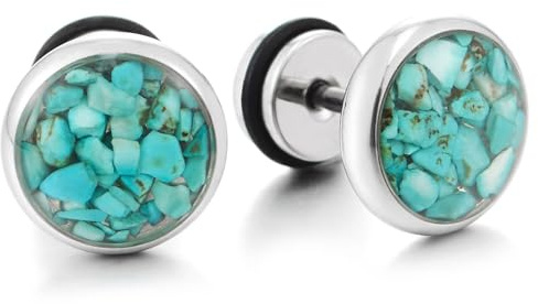 Orecchini Stud Uomo Donna Acciaio con Inserto Pietra Turchese Plug Rotondo Vintage Finto Dilation