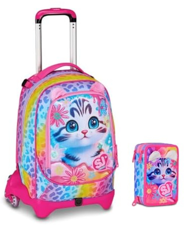 PRESTIGE & DELUXE Schultrolley Jack mit 3 abnehmbaren Rädern Cat & Air Katze, 3 in 1 für Grundschule Mädchen + Federmäppchen 3 Reißverschlüsse mit Schreibwaren + 7 löschbare Stifte und