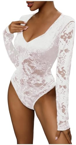 EQWIGKEIT trachtenbody Damen weiß, Spitzenbody Damen Overall Damenbody Sexy Dirndlbody Elegant Bodysuit Spitzen Spitzenbluse Durchsichtig Body Transparenter Oberteil Langarm Trachtenbody