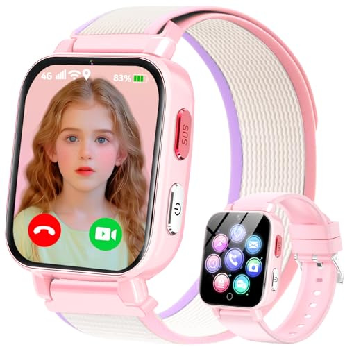 Montre Connectée Enfants GPS, 4G Smartwatch Téléphone pour Filles et Garçons avec Appel, Vidéo, SOS, Chat, Mode Classe Podomètre, Jeux, Réveil, Montre Intelligente Enfant 4 à 12 Ans Cadeau, Rose clair