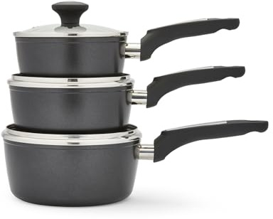 Morphy Richards 3-Piece Pan Set, Forged Aluminium, Durable, Premium, Non Stick, Soft Touch Handles, Tempered Glass Lid, Oven Safe, Suitable for All Hobs | 16,18 & 20cm Pans | 859004