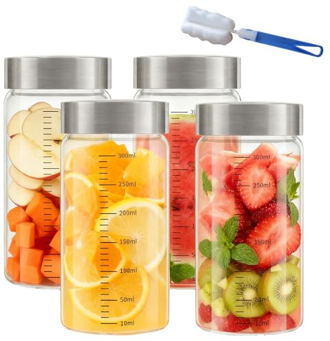 Botella de Agua de Cristal, Botellas de Vidrio 300 ml Con Tapa de Acero Inoxidable, 4 Piezas Botellas de Vidrio Con Escala de MedicióN, Con Cepillo de Limpieza, Contenedor de Jugo Para la Deportes