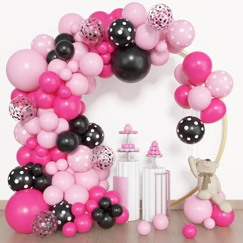 BlueCloudy Kit d’arche à ballons guirlande rose et noir, différentes tailles 45 30 25 12 cm, ballons latex rose noir points confettis, pour décoration mariage anniversaire