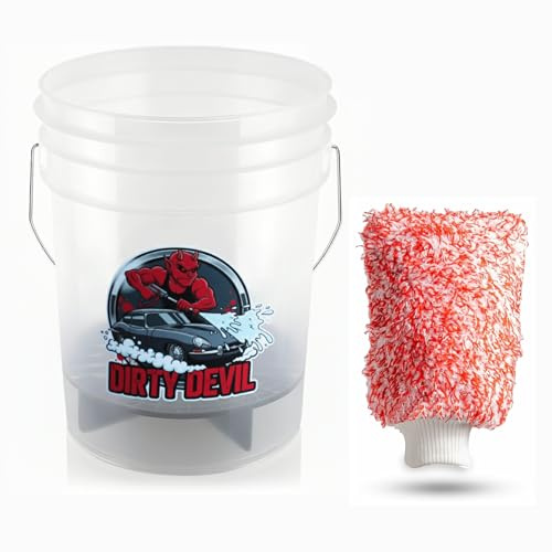 DIRTY DEVIL 20L/5Gallon Clear Wash Bucket with Dirt Shield + FREE WASH MITT, Heavy Duty Car Detailing Pail, 20L Transparent Plastic Container (1 Bucket, Clear)