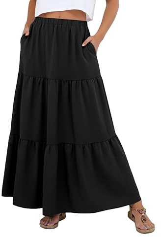 PrinStory Maxi Women's Skirts Long Elasticated Waist A Line Tiered Ladies Skirt with Pocket