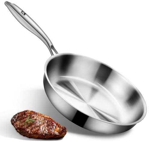 GOLDEN KEY Edelstahlpfanne 24 cm, Stainless Steel Pan Induktion, Edelstahl Pfanne 24cm Unbeschichtet, Pfanne Ohne Beschichtung, Elektro, Keramik, Gas & Backofen ofenfest und spülmaschinenfest