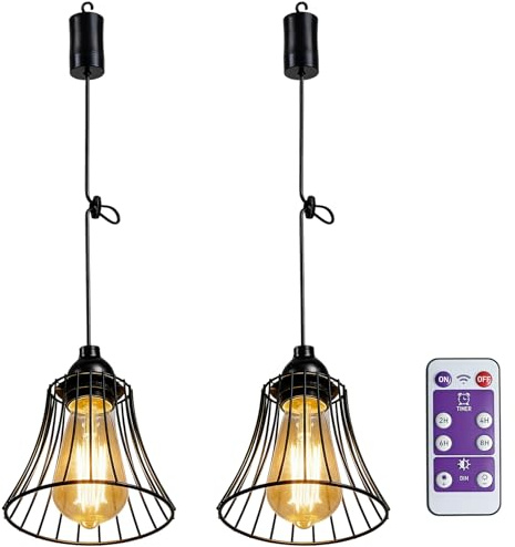 GAOUTO 2 Stück Hängelampe mit Batterie Fernbedienung, Vintage Deckenlampe, Ohne Stromanschluss, Batteriebetrieben Glühbirne für Garten Balkon Flur Deko Camping(Ohne Batterie)