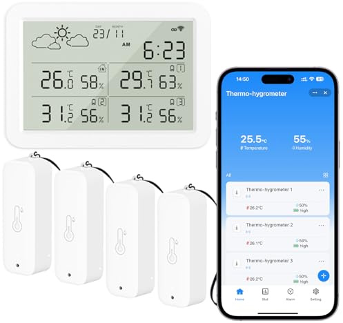 WIOONI WLAN Thermometer Hygrometer Innen Außen mit LCD-Display, WiFi Temperatursensor mit App, Tuya/Smart Life Kompatibel für Weinkeller, Gewächshaus, 4 Sensoren und 1 Basisstation