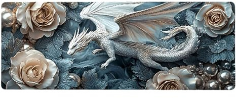 Large Mouse Mat, 30x60cmx3mm, Gaming Mouse Pad, Rubber Base, Stitched Edges, Water Resistant Easy Clean, For All Types, Extend Desktop Protection, Office Men's Gifts, Flower Dragon D1YY-521