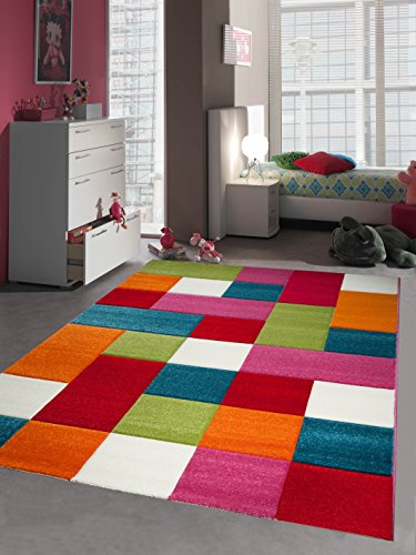 CARPETIA Kinderteppich Kinderzimmerteppich Kinderzimmer Teppich Karo bunt türkis orange Weiss rot pink Größe 160x230 cm