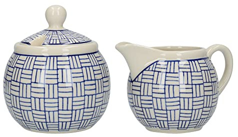 London Pottery Out of The Blue Milk Jug and Sugar Bowl Set with Lattice Design, Stoneware, White/Blue, 2 Pieces