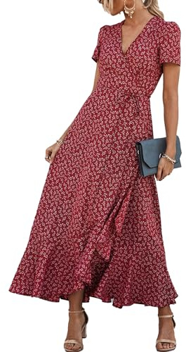 PRETTYGARDEN Women's Summer Wrap Maxi Dress Casual Boho Floral V Neck Short Sleeve Ruffle Hem Split Beach Long Dresses (Red,Large)