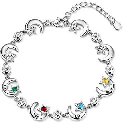 RolaOnly Armband mit 2-6 Namen Damen 925 Sterling Silber Geburtsstein Armbänder mit 5A Kubik Zirkonia Sterne Mond Anhänger Personalisiert Schmuck Geschenk für Mutter und Tochter