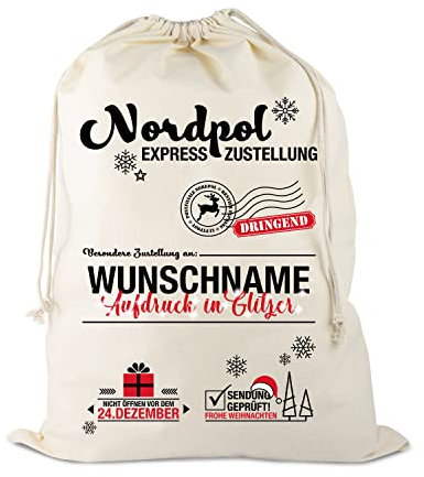 Stoffe-Online-Shop Personalisierbar/Wunschnamen Glitzer Weihnachtsmannsack XL 75-50cm, Postsack vom Nordpol, Geschenkbeutel, Gabensack, Nikolaussack, Weihnachten für Kinder, Verpackung Groß, natur