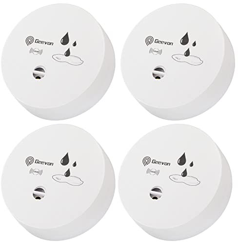 Geevon 4 Pack Water Leak Detector, 100dB Water Sensor Alarm Flood Detector for Basements, Bathrooms, Laundry Rooms, Kitchens, Garages, and Attics, Water Alarm Battery-Operated (Battery Included)