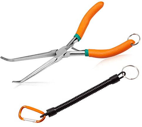 SPEEDWOX Alicates de punta de aguja de largo alcance de 7 pulgadas con dientes, mini alicates de alambre de precisión de nariz extra larga con cordón antipérdida(puntas curvas, mango curvado)