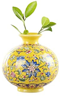 YlobdolY Small Ceramic Vase for Flower Handmade Elegant Vintage Chinese Hand-Painted Porcelain Decorative Yellow Enamel Glazed Vases for Office Home Decor,A