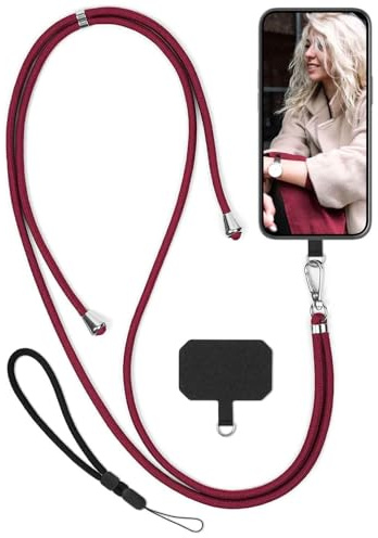 moex Unleash für Samsung Galaxy S20 FE/FE 5G Handyband zum Umhängen ohne Hülle, Handykette Universal mit Karabiner, Handy Band abnehmbar, Kette mit Pad für Handyhülle, Rot, Silber