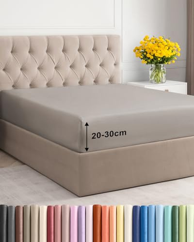 Double Fitted Bed Sheet 135x190x30cm - Deep Fitted Sheet for Mattresses up to 30 cm (12) - Soft Brushed Microfiber - Wrinkle, Shrinkage & Fade Resistant - OEKO-TEX - Light Grey - Bottom Sheet