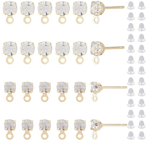 BENECREAT 80 pezzi 2 stili, autentici bulloni in ottone placcato oro 18 carati, zirconia cubica e 100 tappi per le orecchie in plastica, rivetti con anelli per la produzione di orecchini, foro: 1 mm