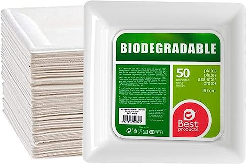 MORE FREE Platos Reciclable de Alta Resistencia Caña de Azúca Blanca Plato Reutilizable Cucharas Cuchillos Tenedores Vasos Platos Pajitas para Fiestas Buffets Bodas (20X20/50PCS, Plato-Cuadrado)