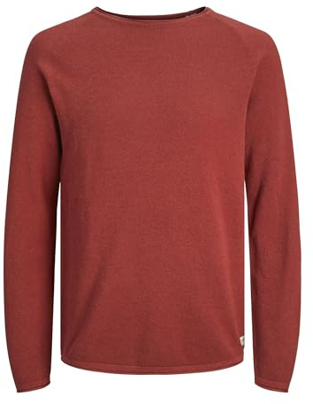 Jack & Jones JJEHILL Pull en Tricot à col Rond Basique à Manches Longues en Coton pour Homme, Red Ochre/détail : torsadé, M