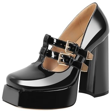 blingqueen Damen Plateau Loafer Eckige Pumps Blockabsatz High Heels T-Riemchen Lack Schwarz 38 EU