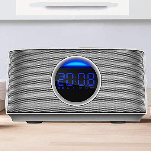 KARFRI Altavoz Bluetooth portátil para Exteriores para Coche, Reloj Despertador, Radio Digital, indicador LED de Audio Envolvente 3D, Espejo, Radio FM, Radio Reloj, Gris