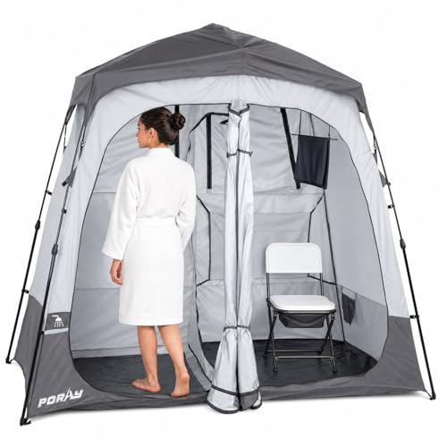 Porayhut Portable Camping Shower Tent Deluxe Changing Room Easy Set Up Privacy Shelter,Large Toilet Tent 2 Rooms with Floor Drain Design for Beach, Camping,Hiking with Stakes and Ropes for Stability