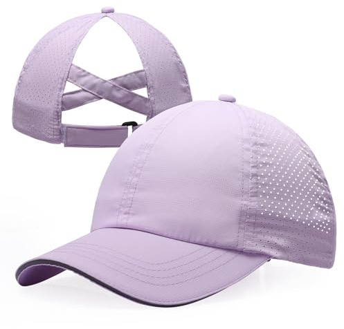 CHUANGLI Flickor kors kors hästsvans hatt reflekterande lätt baseballkeps för barn snabbtorkande nät sporthatt för ålder 7-12, Lila, one size