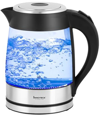 Innoteck Kitchen Pro Glass Kettle 1.8L - 3000W For Fast Boiling Water - Blue LED Illumination - Black Handle and Push Button to Open the Lid - Perfect Pour Spout - 360 Degree Rotational Base
