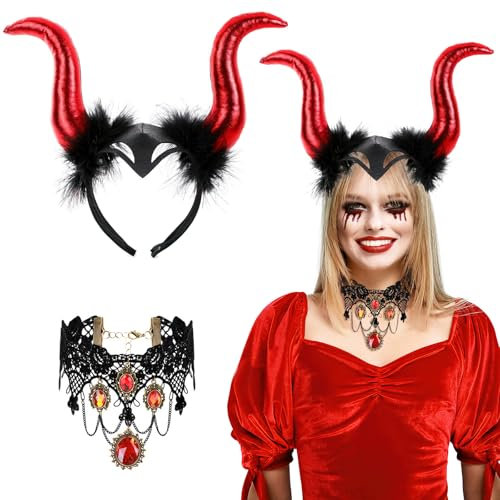 XIMEY Hörner Kopfschmuck, 2 Pcs Königin Hörner mit Gothic Retro Spitzenhalskette, Teufel Haarschmuck, Hörner Haarreif, Halloween Damen Kostüm für Karneval, Maskerade, Cosplay, Karneval (Rot)