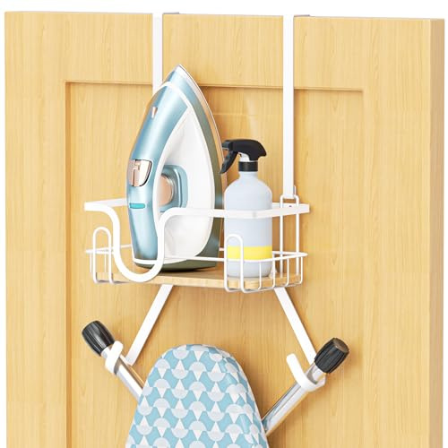 XILIMEN Over The Door & Wall Mount Ironing Board Hanger, Ironing Board Holder with Storage Basket, Iron Holder for Hotel Rooms, Home Laundry Rooms, Utility Rooms, Closets (White)